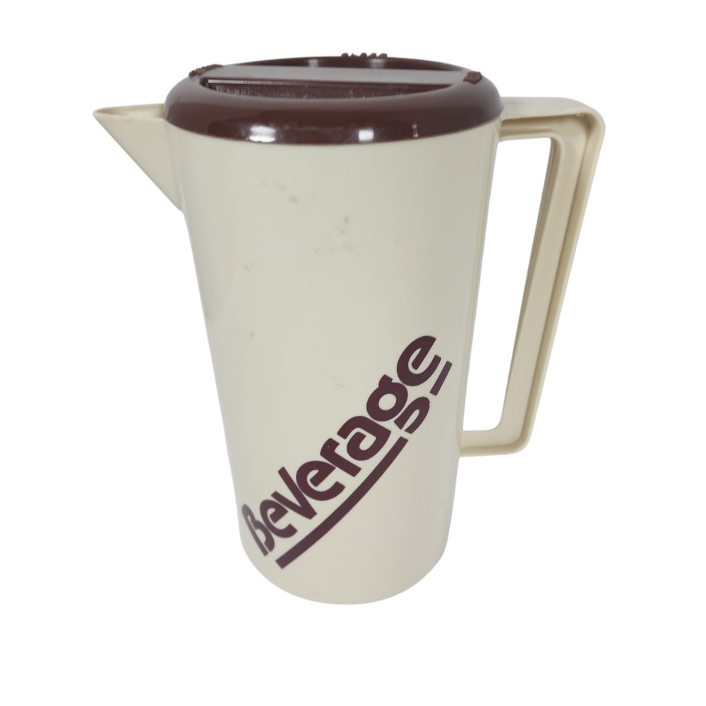 Vintage Beige Beverage Pitcher‎ with Brown Lid and Script Accent